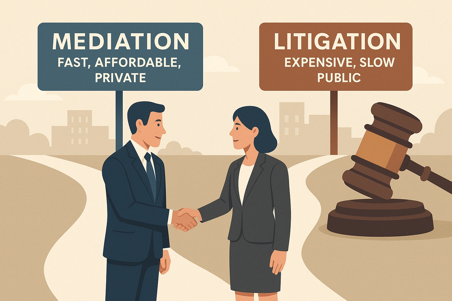 Mediation vs Litigation in the UK – two paths contrasted, one with handshake for mediation and one with gavel for litigation