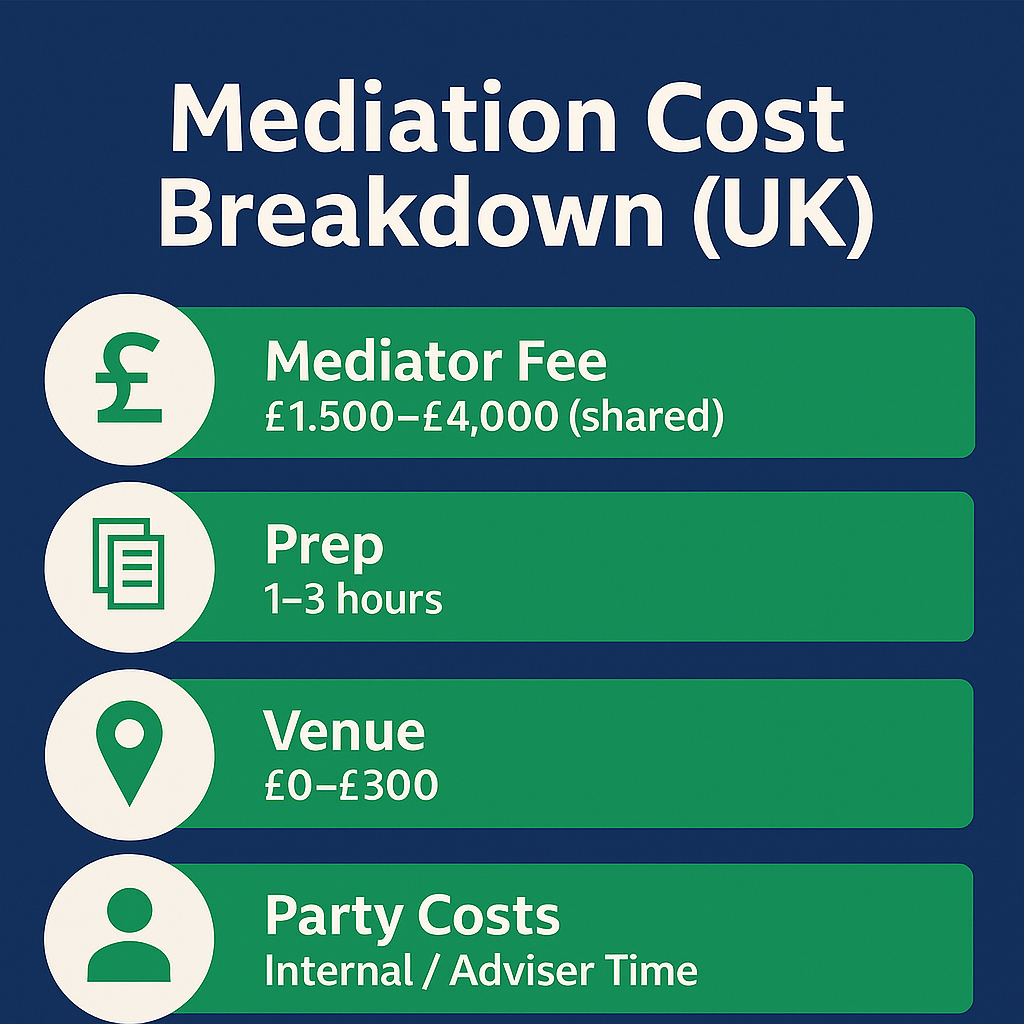 Echelon Resolution and Investigation Services – infographic showing UK commercial mediation cost breakdown including mediator fee, preparation time, venue cost and party costs.
