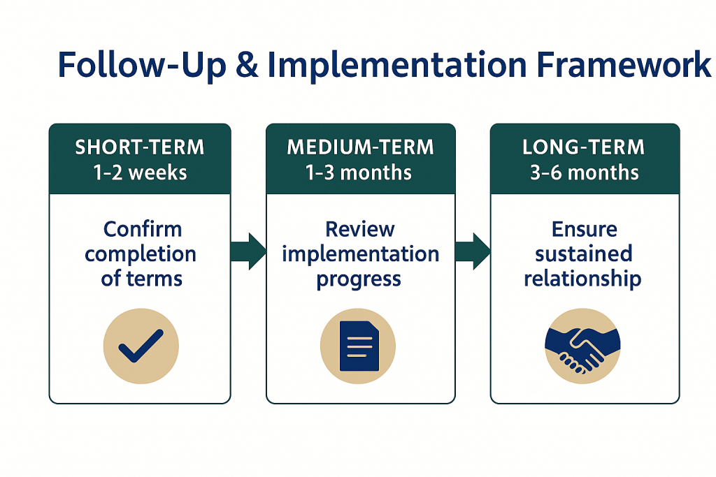 Echelon Resolution and Investigation Services – full-width infographic showing the UK commercial mediation follow-up and implementation framework, including 24–48 hour agreement drafting, 30-day check-ins and staged accountability steps for sustained resolution.