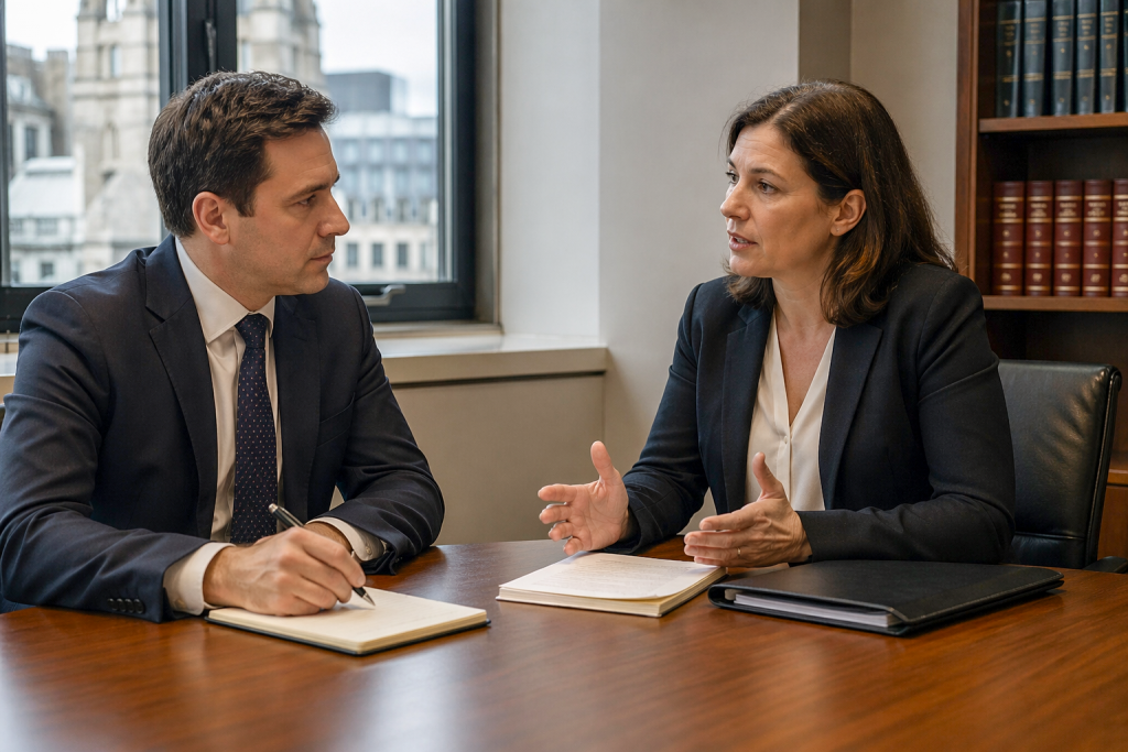 a mediator and a solicitor discussing a civil or commercial mediation case