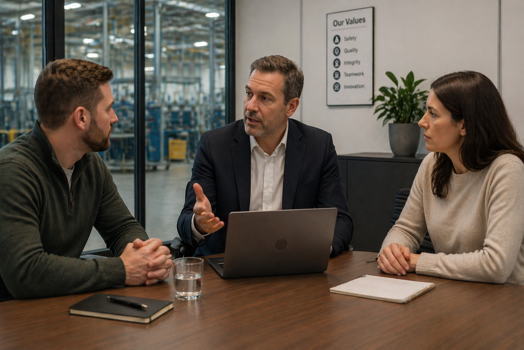 a mediator and two employees during a workplace mediation meeting in the UK