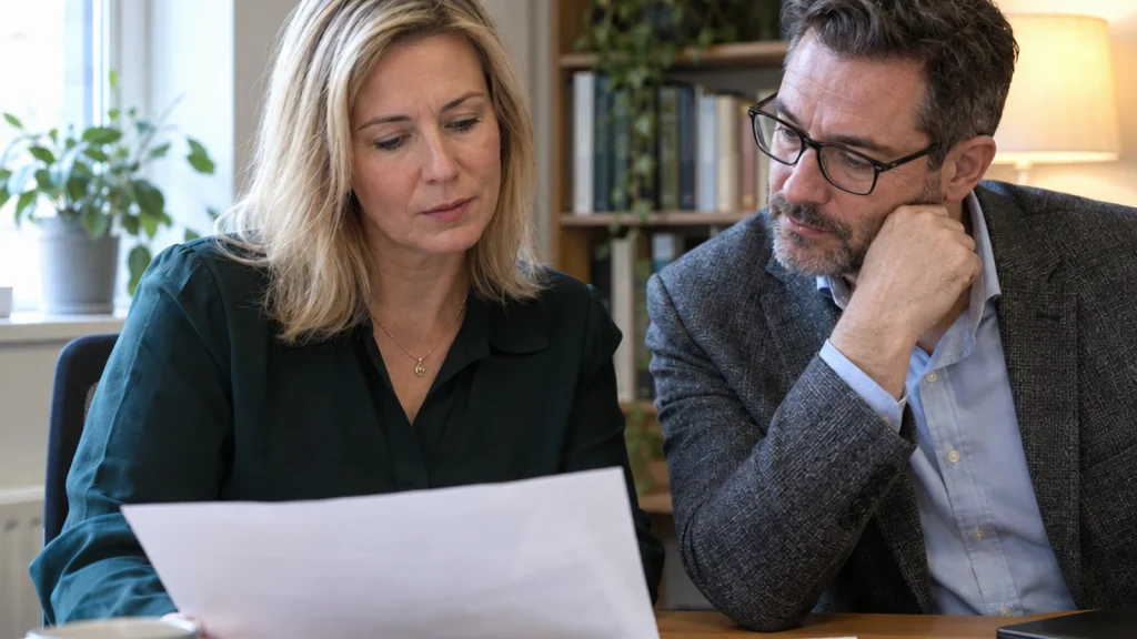 People reviewing correspondence and photographs at a small office desk