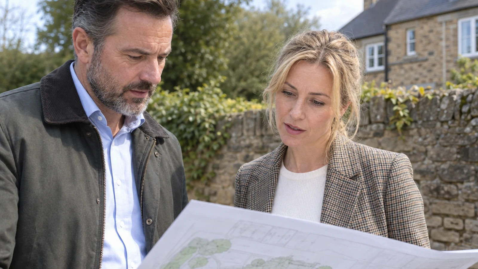 Two parties examining a site plan outdoors near a realistic UK property boundary