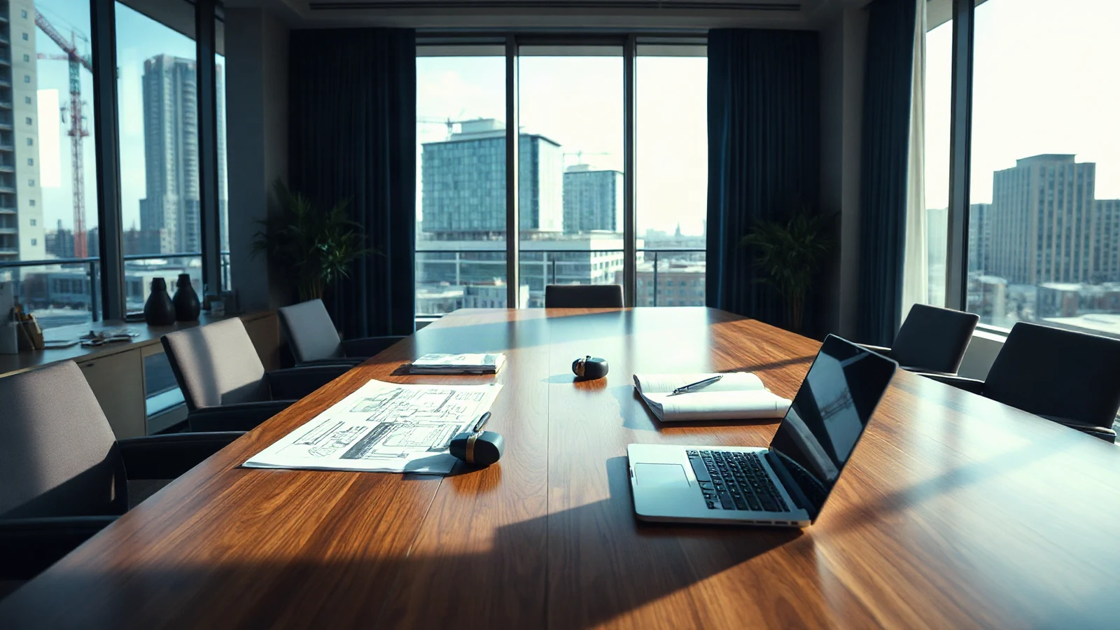 Construction contract dispute mediation documents and project blueprints on a meeting table overlooking a commercial development.