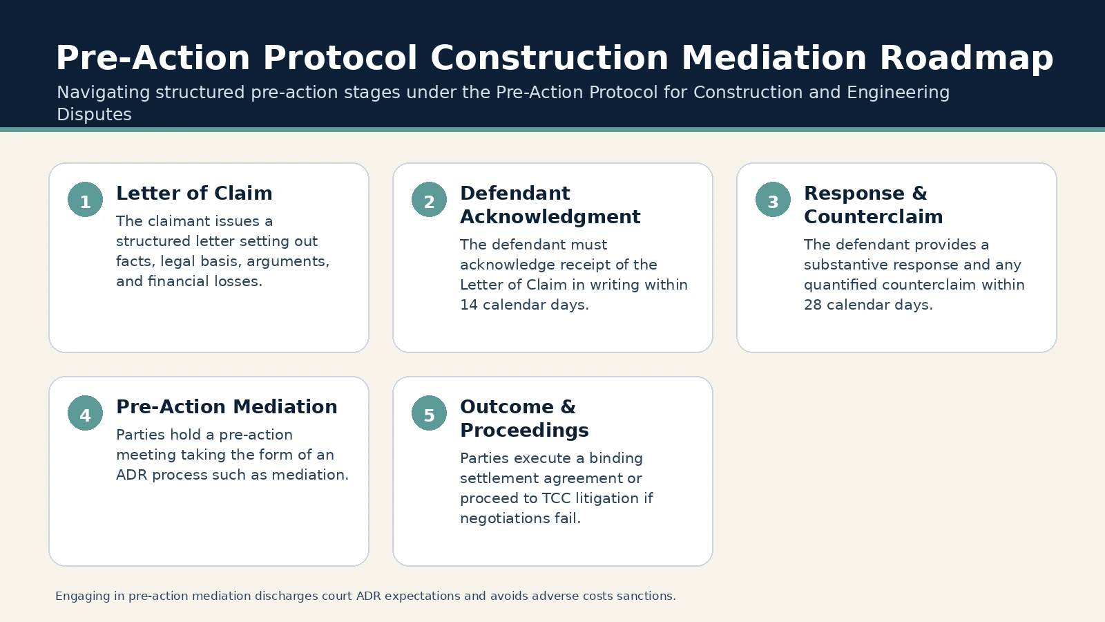 Pre-Action Protocol Construction Mediation Roadmap. Letter of Claim: The claimant issues a structured letter setting out facts, legal basis, arguments, and financial losses.; Defendant Acknowledgment: The defendant…