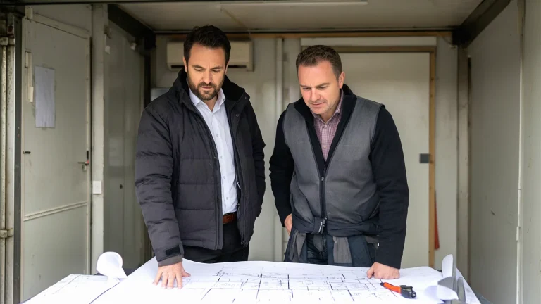 Engineer and contractor standing over plans in a temporary site cabin