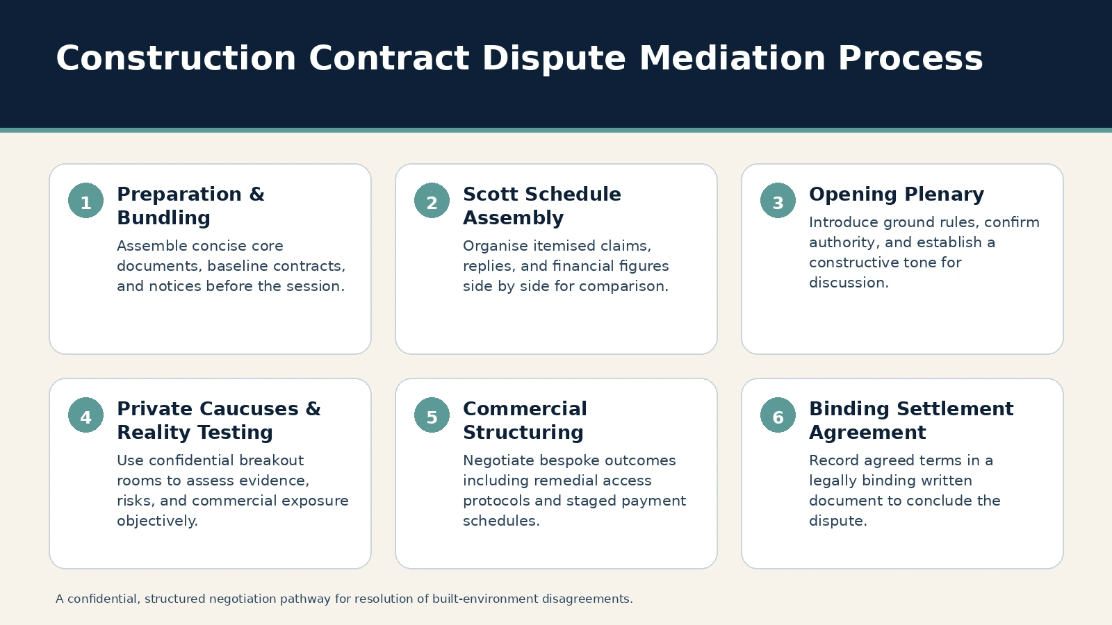 Construction Contract Dispute Mediation Process. Preparation & Bundling: Assemble concise core documents, baseline contracts, and notices before the session.; Scott Schedule Assembly: Organise itemised claims, replies…