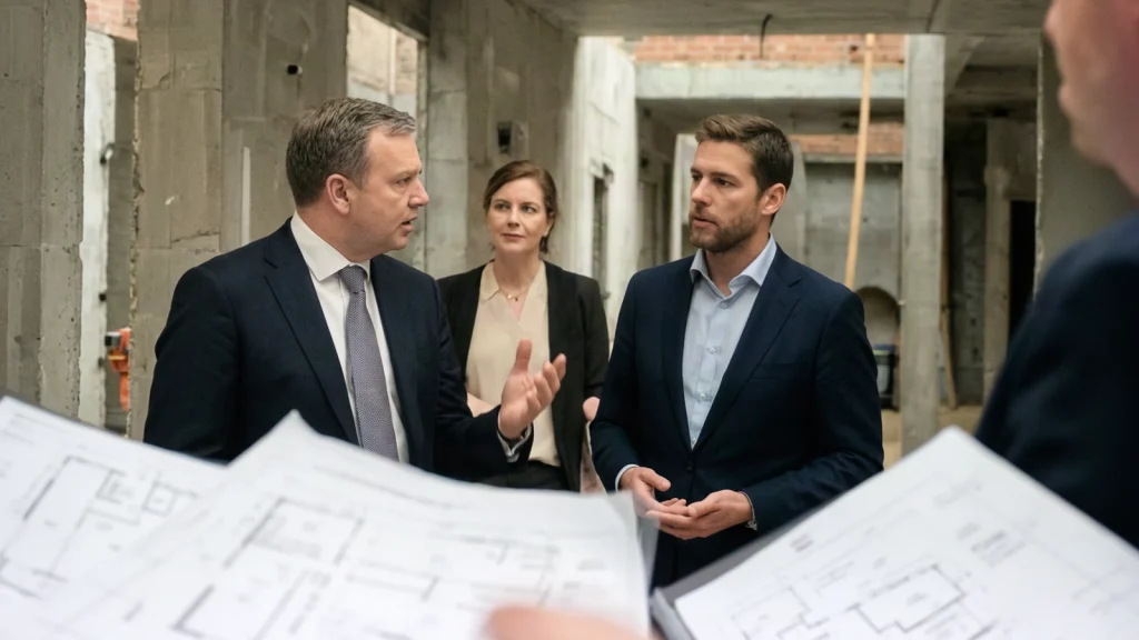 Construction Dispute Resolution in Cannock: Resolving Building Conflicts – featured image 16x9 - Echelon Dispute Resolution Project stakeholders walking through a partially completed building while discussing a disputed issue