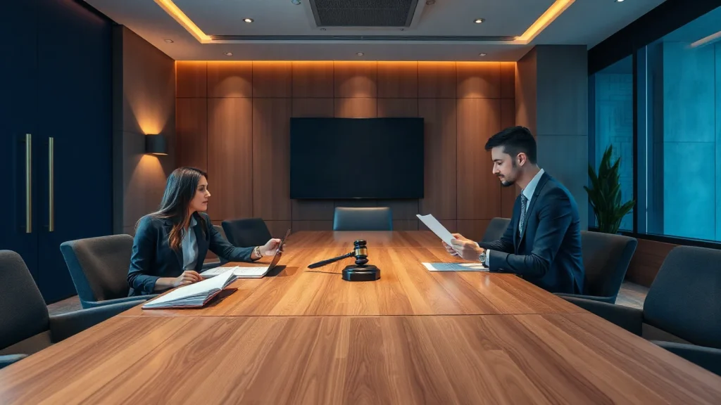 Contract dispute mediation meeting between commercial parties reviewing settlement documents in a London conference room.