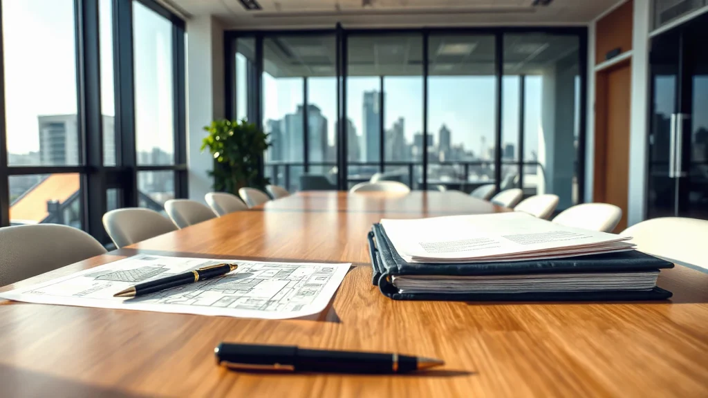Executor beneficiary dispute resolution documents and property plans arranged neatly on a modern meeting room table.