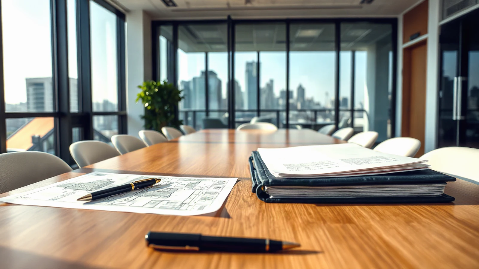 Executor beneficiary dispute resolution documents and property plans arranged neatly on a modern meeting room table.