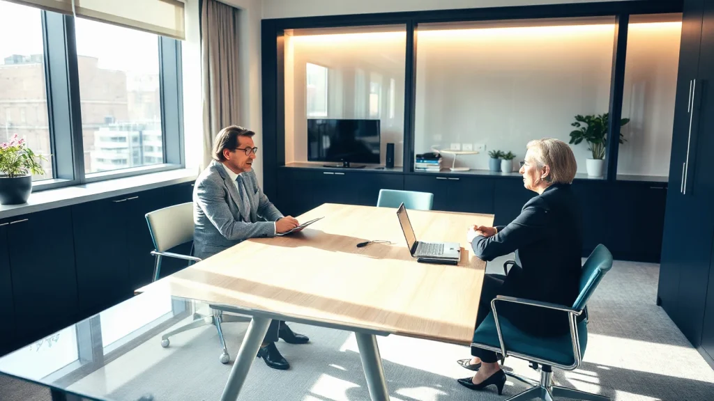 Two professionals engaging in workplace mediation during a formal grievance process with an impartial mediator.