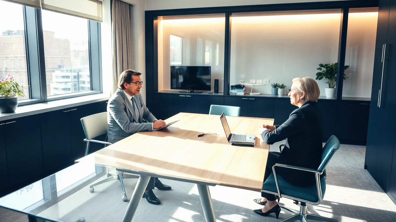 Two professionals engaging in workplace mediation during a formal grievance process with an impartial mediator.