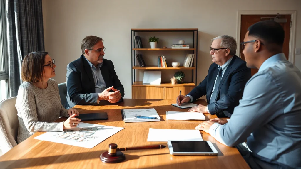 Residential property owners and an independent civil mediator reviewing property plans during a neighbour dispute mediation session.