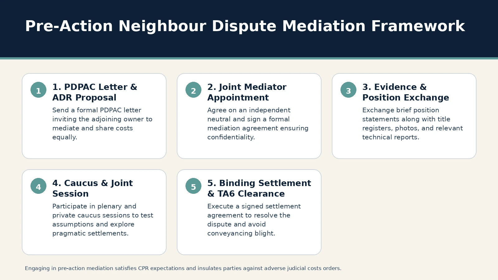 Pre-Action Neighbour Dispute Mediation Framework. 1. PDPAC Letter & ADR Proposal: Send a formal PDPAC letter inviting the adjoining owner to mediate and share costs equally.; 2. Joint Mediator Appointment: Agree on an…