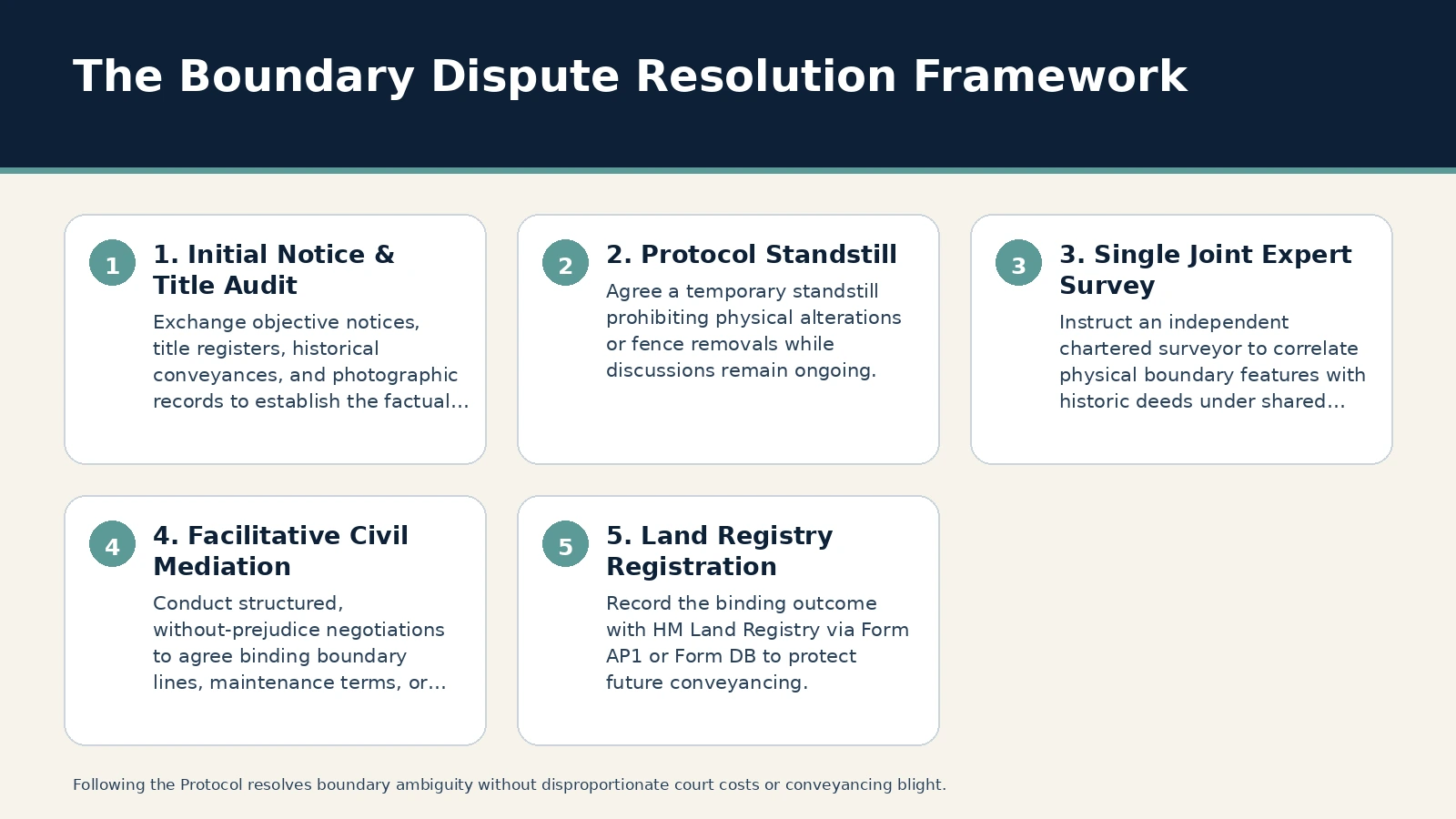 The Boundary Dispute Resolution Framework. 1. Initial Notice & Title Audit: Exchange objective notices, title registers, historical conveyances, and photographic records to establish the factual baseline.; 2. Protocol…