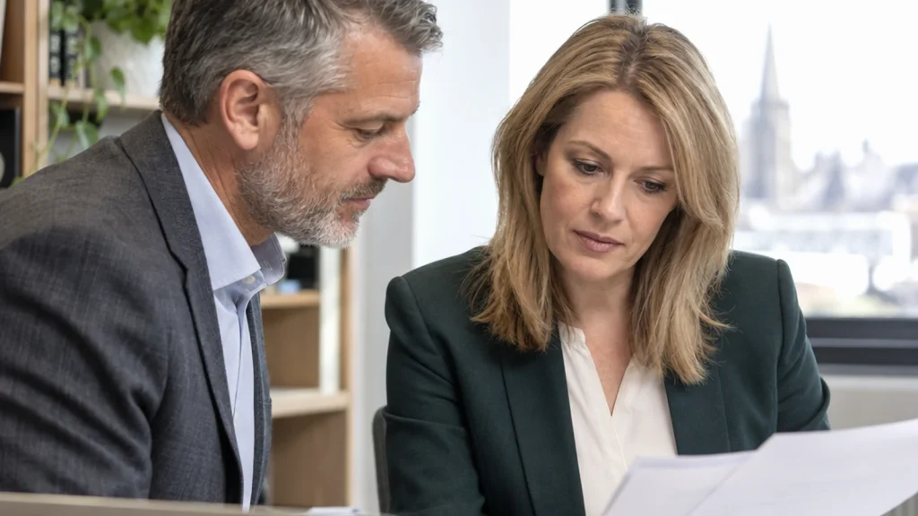 Directors reviewing governance papers in a working executive office