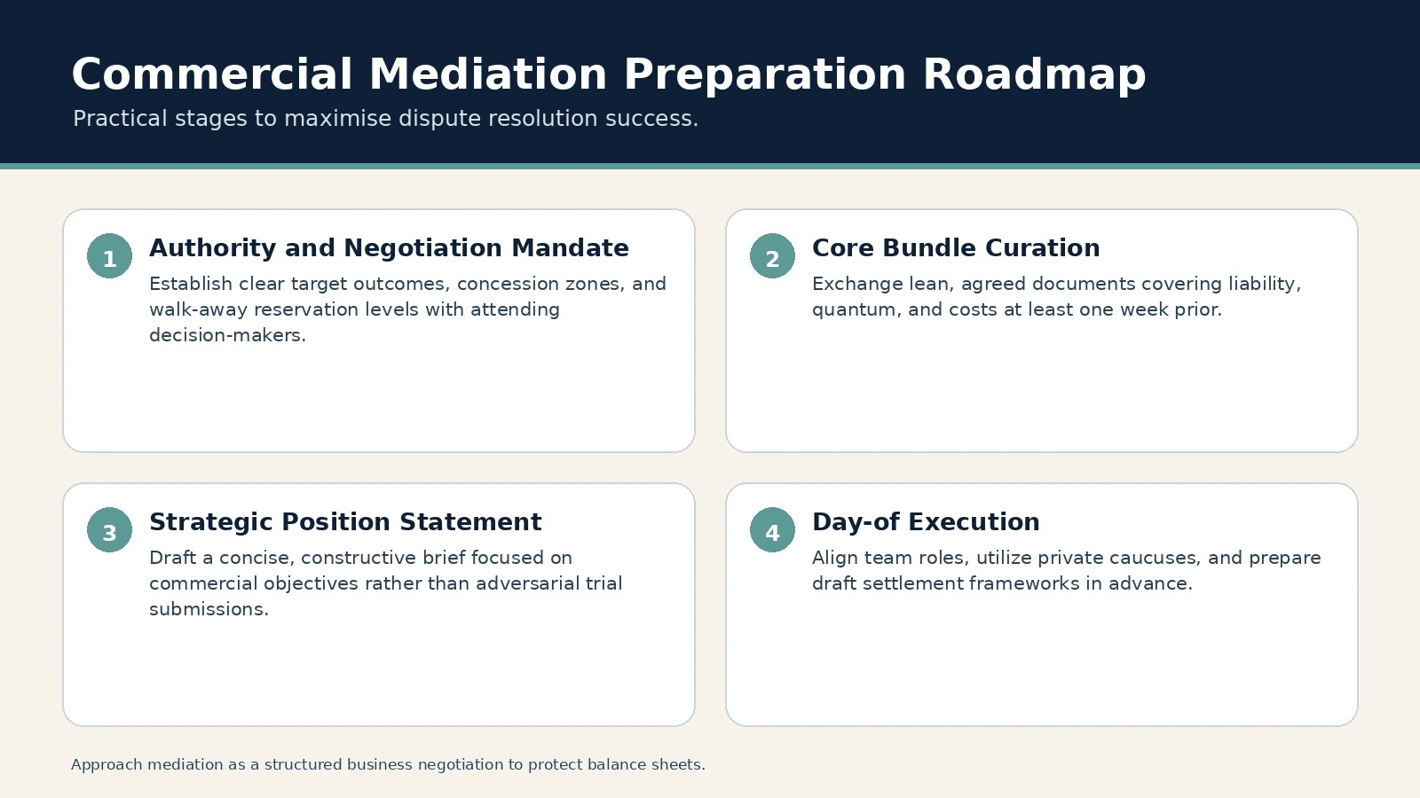 Prepare for mediation: practical steps for commercial disputes – infographic - Echelon Dispute Resolution Commercial Mediation Preparation Roadmap. Authority and Negotiation Mandate: Establish clear target outcomes, concession zones, and walk-away reservation levels with attending decision-makers.; Core Bundle Curation…