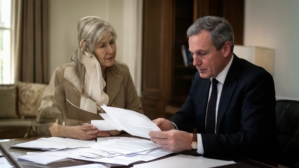 Probate & Inheritance Dispute Mediation: Step-by-Step Process – featured image 16x9 - Echelon Dispute Resolution Two adult relatives reviewing estate papers in a comfortable professional office, understated