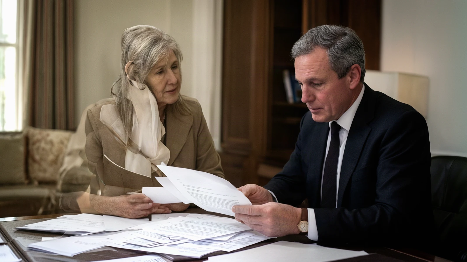 Two adult relatives reviewing estate papers in a comfortable professional office, understated