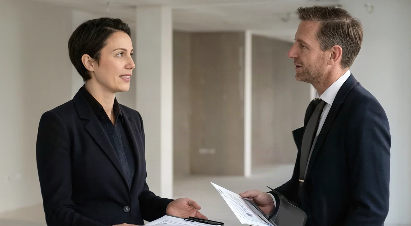Commercial property representatives discussing lease documents during a walk-through of an empty premises