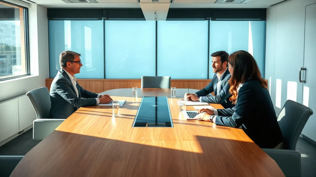 Commercial litigants and instructing legal counsel discussing settlement strategy in a modern UK professional meeting room
