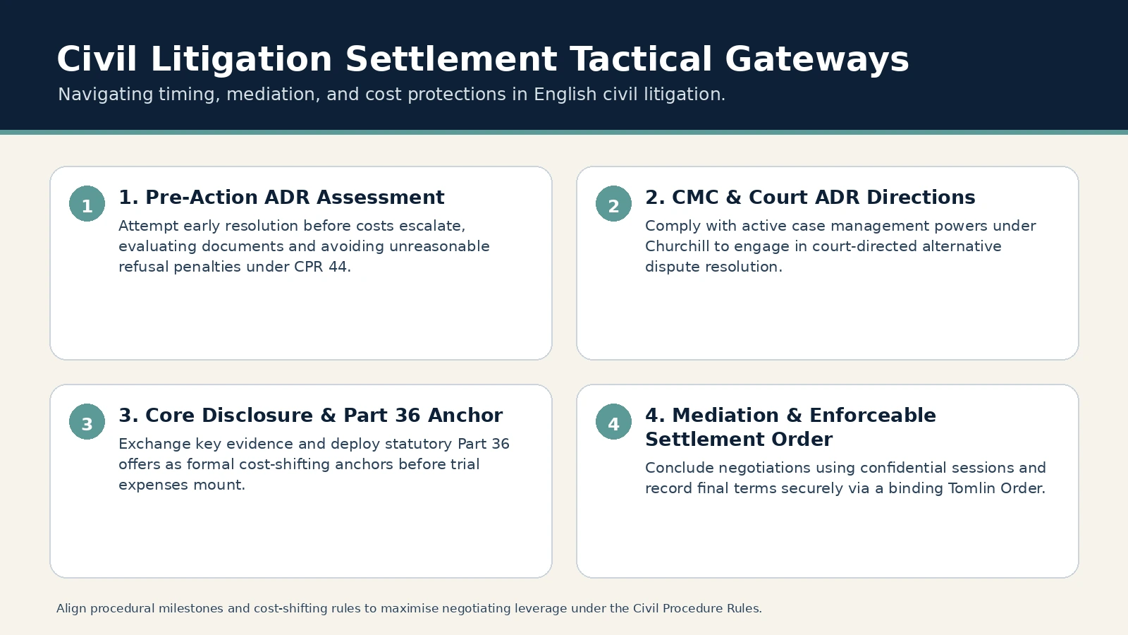 Civil Litigation Settlement Tactical Gateways. 1. Pre-Action ADR Assessment: Attempt early resolution before costs escalate, evaluating documents and avoiding unreasonable refusal penalties under CPR 44.; 2. CMC &…