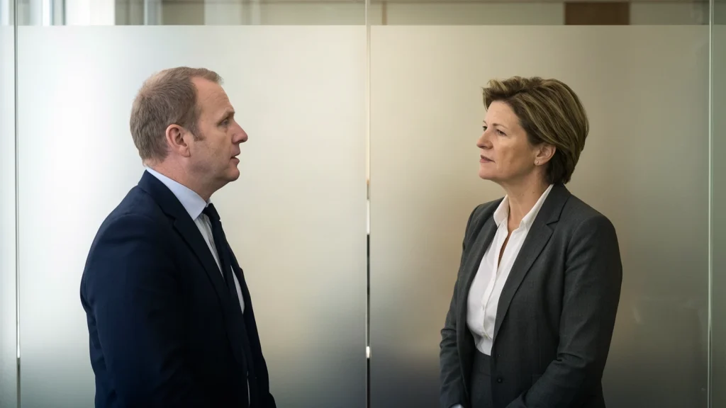 Two company founders standing apart beside a plain unmarked glass partition with no signage, decals or lettering while a neutral adviser facilitates…