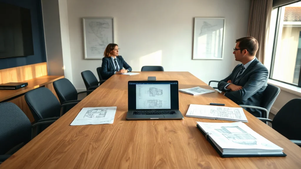 Dispute resolution meeting discussing software IP ownership and source code documentation in a modern conference room.