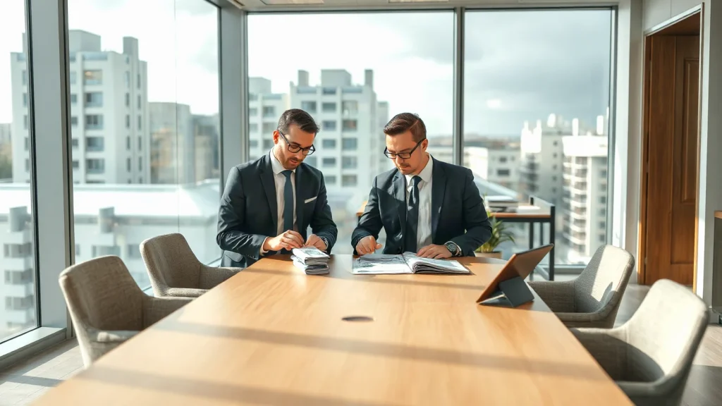 Subcontractor payment dispute review showing commercial managers and quantity surveyors analyzing project accounts across a meeting table.