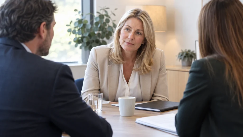 Commercial professionals in a quiet neutral mediation suite, compact round-table discussion rather than a boardroom