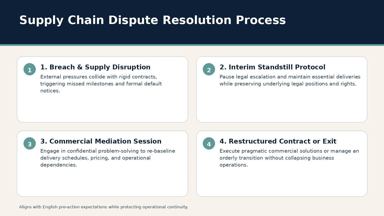 Supply Chain Dispute Resolution Process. 1. Breach & Supply Disruption: External pressures collide with rigid contracts, triggering missed milestones and formal default notices.; 2. Interim Standstill Protocol: Pause…