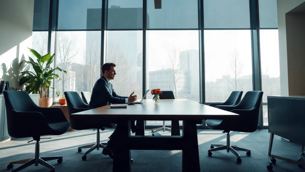 Two professionals engaged in a confidential workplace mediation discussion in a modern office meeting room.
