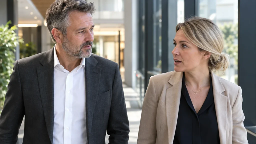 Business owners having a calm walking conversation through a contemporary office or courtyard after a difficult negotiation