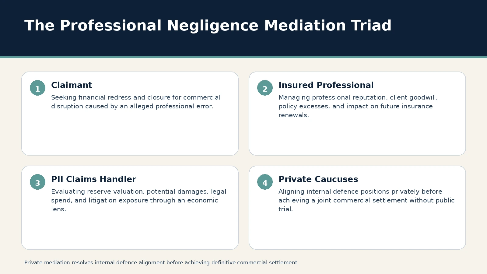 The Professional Negligence Mediation Triad. Claimant: Seeking financial redress and closure for commercial disruption caused by an alleged professional error.; Insured Professional: Managing professional reputation…