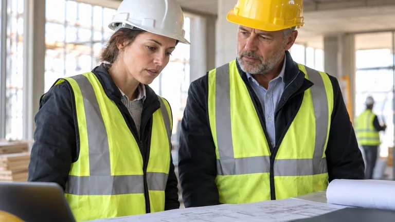 Construction professionals shown chest-up beside a site-office table with architectural drawings and variation paperwork visible in the foreground…