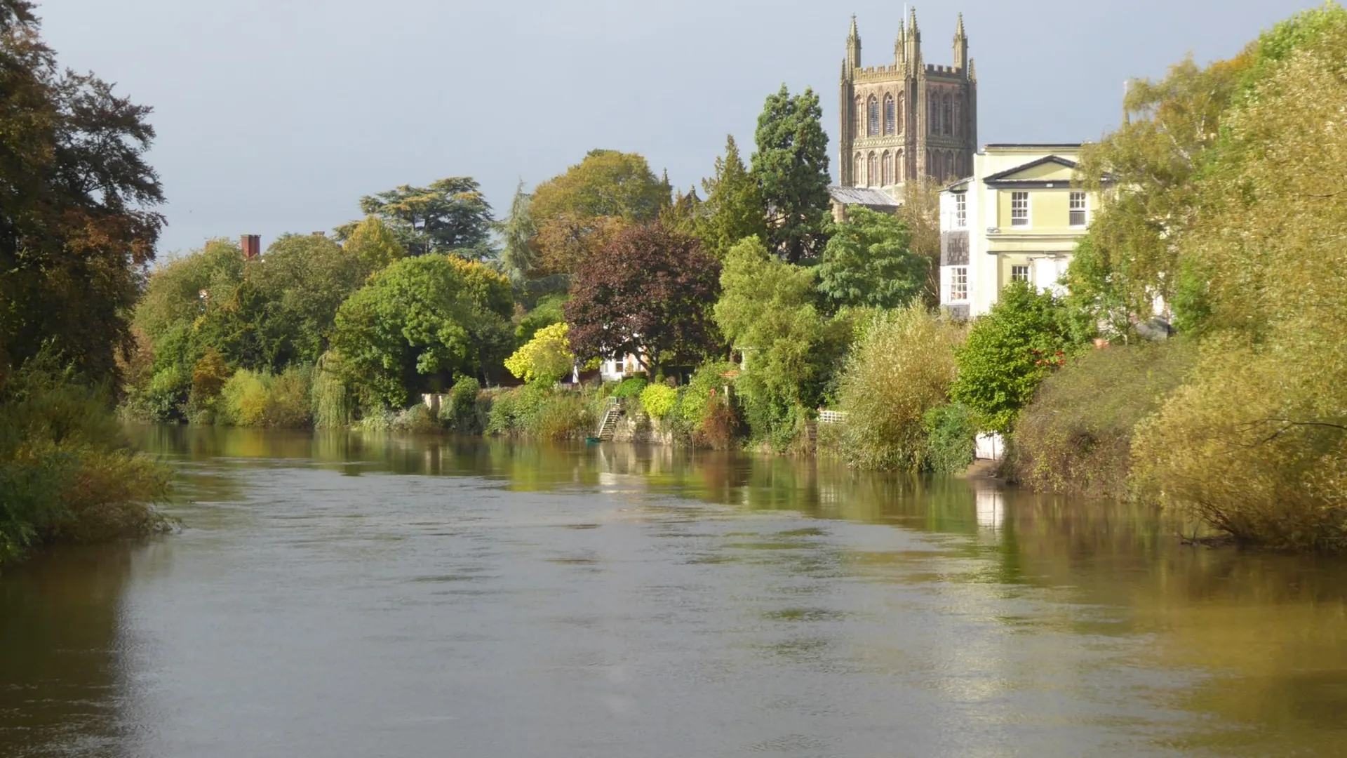 The River Wye with Hereford Cathedral in the distance in Herefordshire