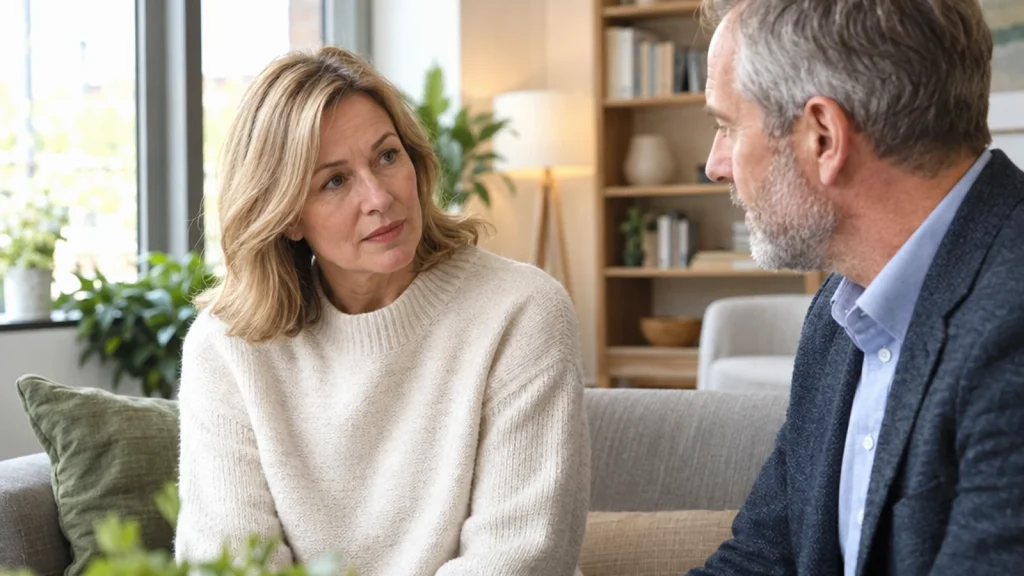 Beneficiaries having a measured discussion in a warm neutral meeting lounge rather than a corporate office