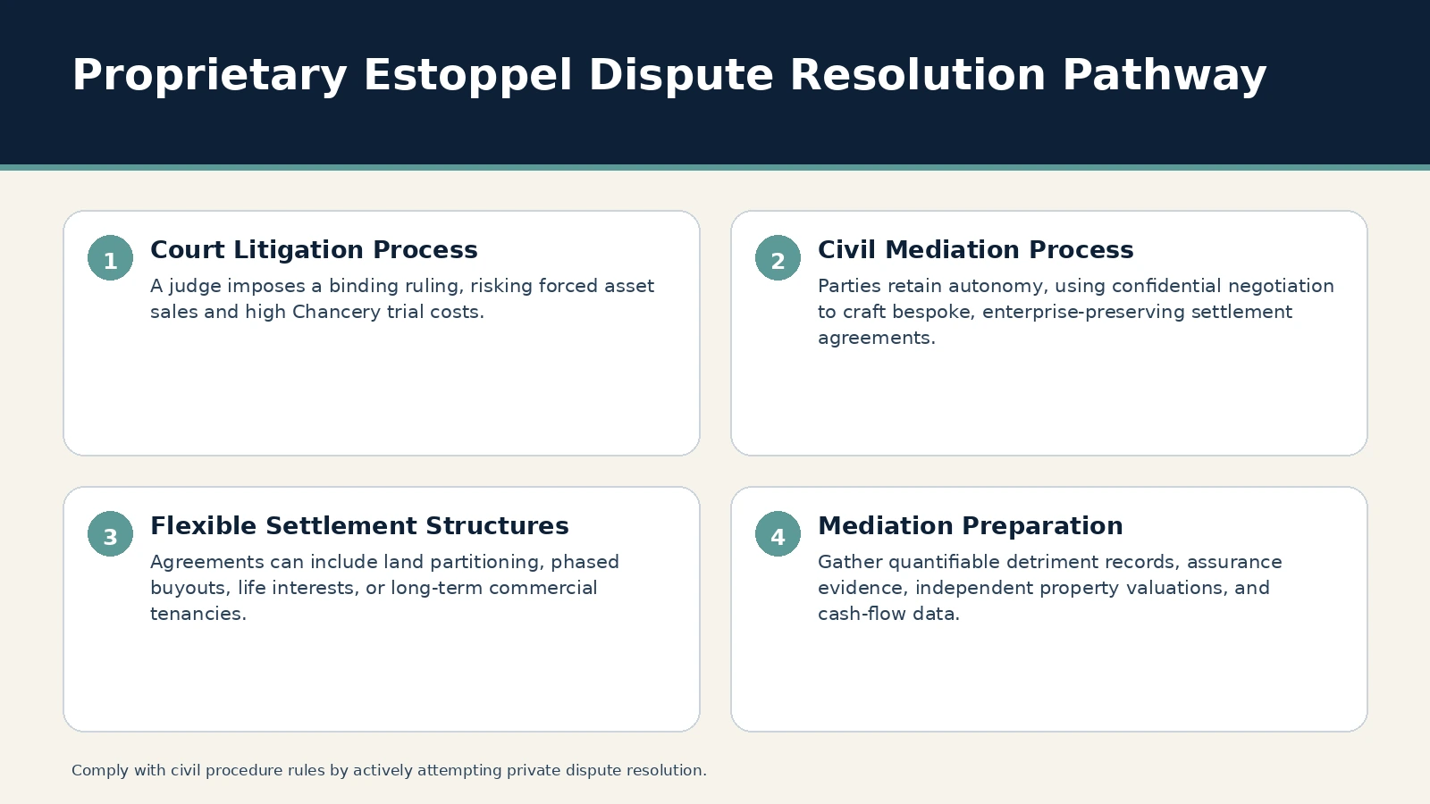 Proprietary Estoppel Dispute Resolution Pathway. Court Litigation Process: A judge imposes a binding ruling, risking forced asset sales and high Chancery trial costs.; Civil Mediation Process: Parties retain autonomy…