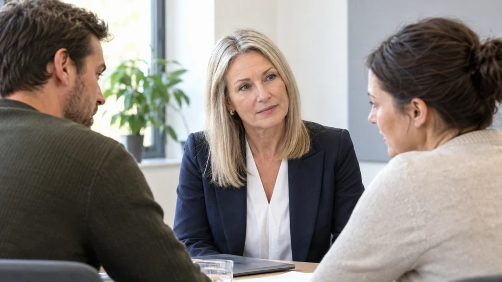 Workplace mediation in a simple neutral meeting room with
