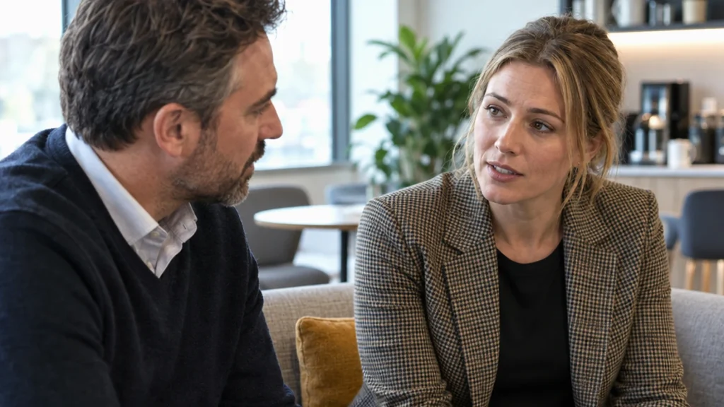 Employee relations discussion in a quiet staff lounge or informal meeting nook, realistic UK workplace